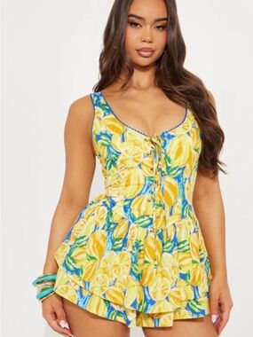 Fashion Nova Yellow Lemon-Print Tie-Front Mini Dress with Blue Trim